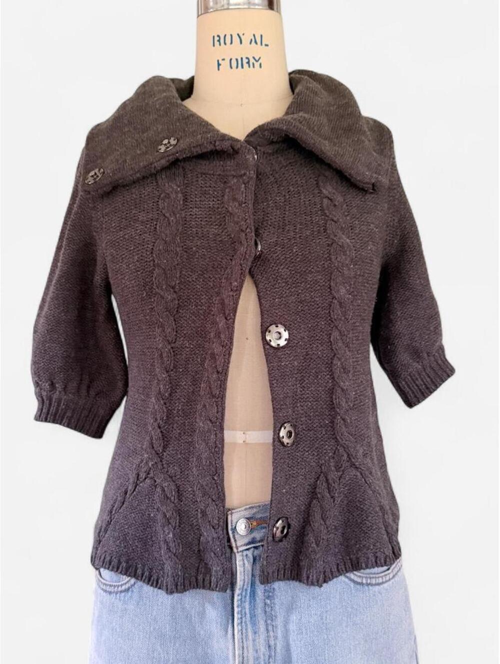 Express Y2K Ruffle Peplum Knit Cardigan in Grey